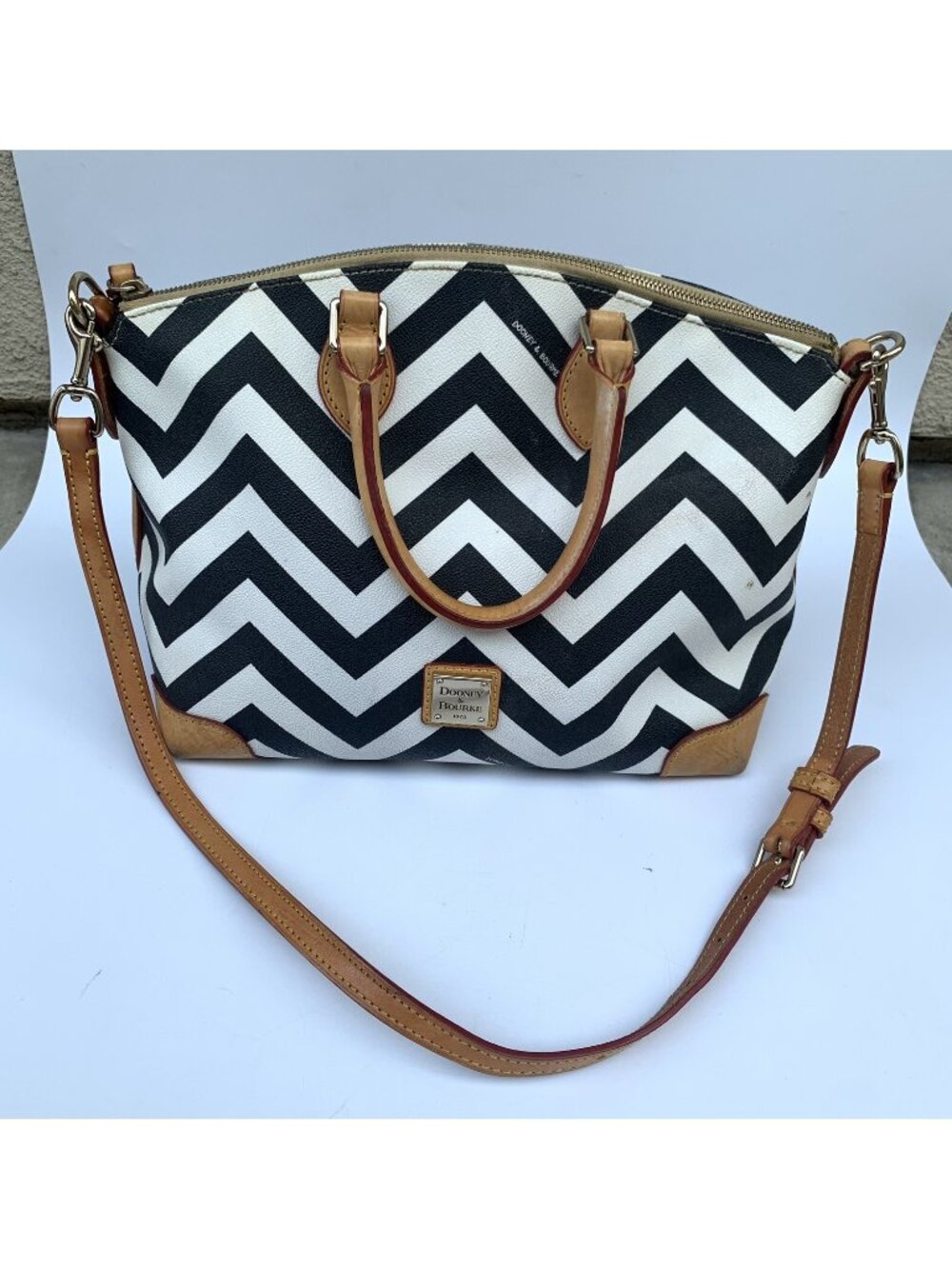 Dooney & Bourke | Chevron Leather Satchel Bag | Black and White Geometric